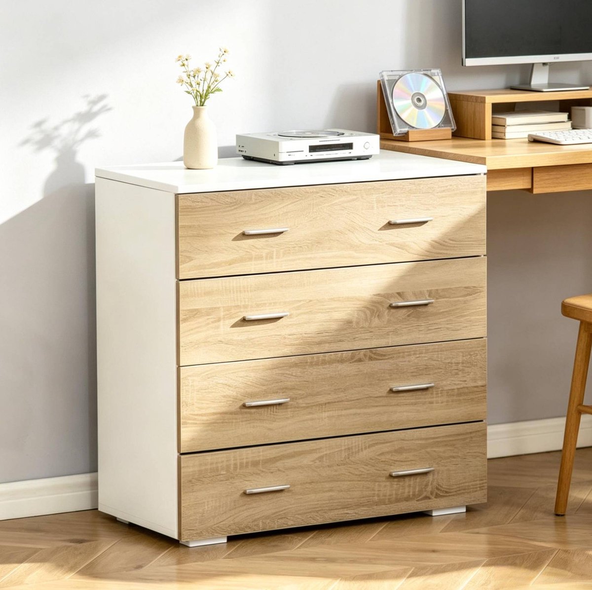 OKWISH Dressoir - 4 Lades - Opbergkast Voor Slaapkamer, Woonkamer Of Hal - Metaal Handgrepen - Wit En Houtlook - 76x35x72 cm