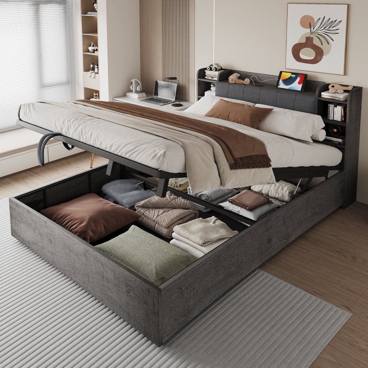OKWISH Bed 180x200 cm - Hydraulisch Opbergbed met USB en USB-C - Hoofdbord met Vakken - Tweepersoons - MDF - Grijs - Zonder matras