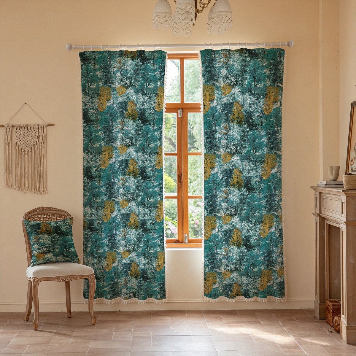 Boho-gordijnen van polyester met een print van blauwgroene bomen in het bos en kwastjes, halfdoorzichtige raamgordijnen met franjes en een natuurlandschapmotief