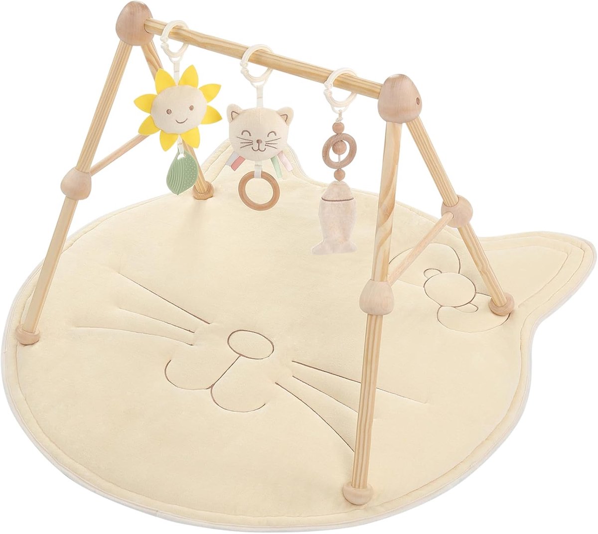 Thijox - 4-in-1 Kattenspeelboog en Babyspeelmat met Natuurlijk Houten Activiteitspunt, 3 Verwijderbare Speelgoedjes voor Baby's van 0-36 Maanden, Kleu