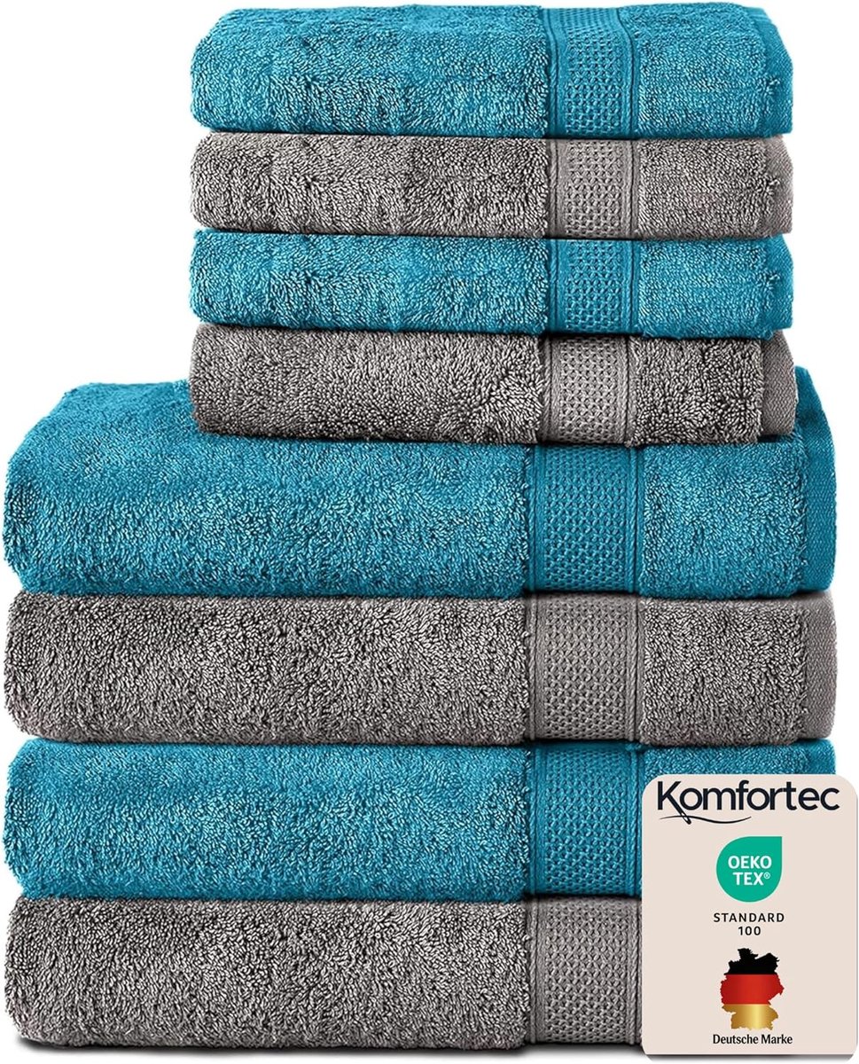 SnelShoppen - Handdoekenset 8-delig - 4x Handdoek 50x100 cm & 4x Badhanddoek 70x140 cm - 100% Katoen - Antracietgrijs & Turquoise - Luxe Badkamer Acce