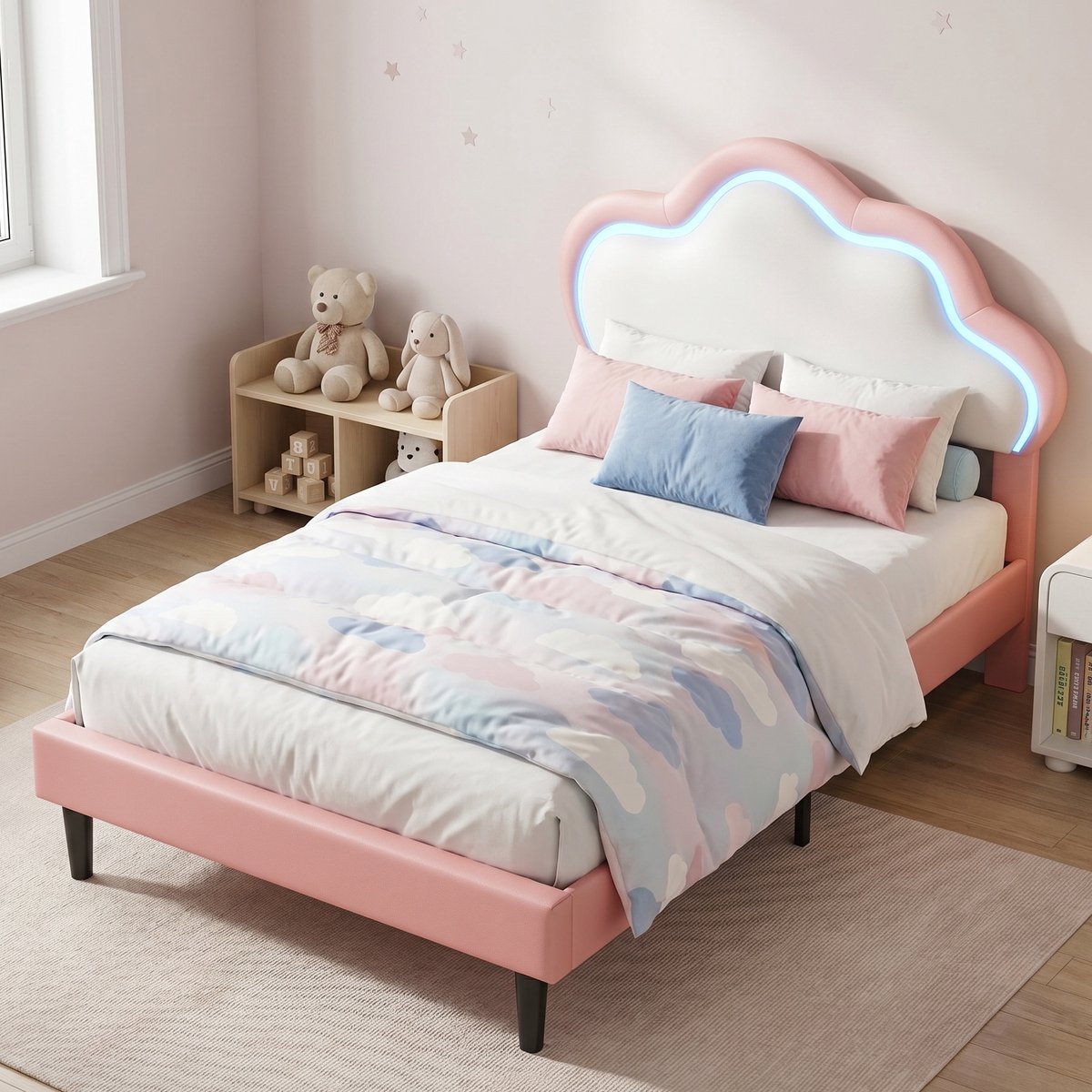 Kinderbed - Eenpersoonsbed 90x200 cm - met LED-verlichting en verstelbaar hoofdbord - Kunstleer - Wolken design - Roze en wit