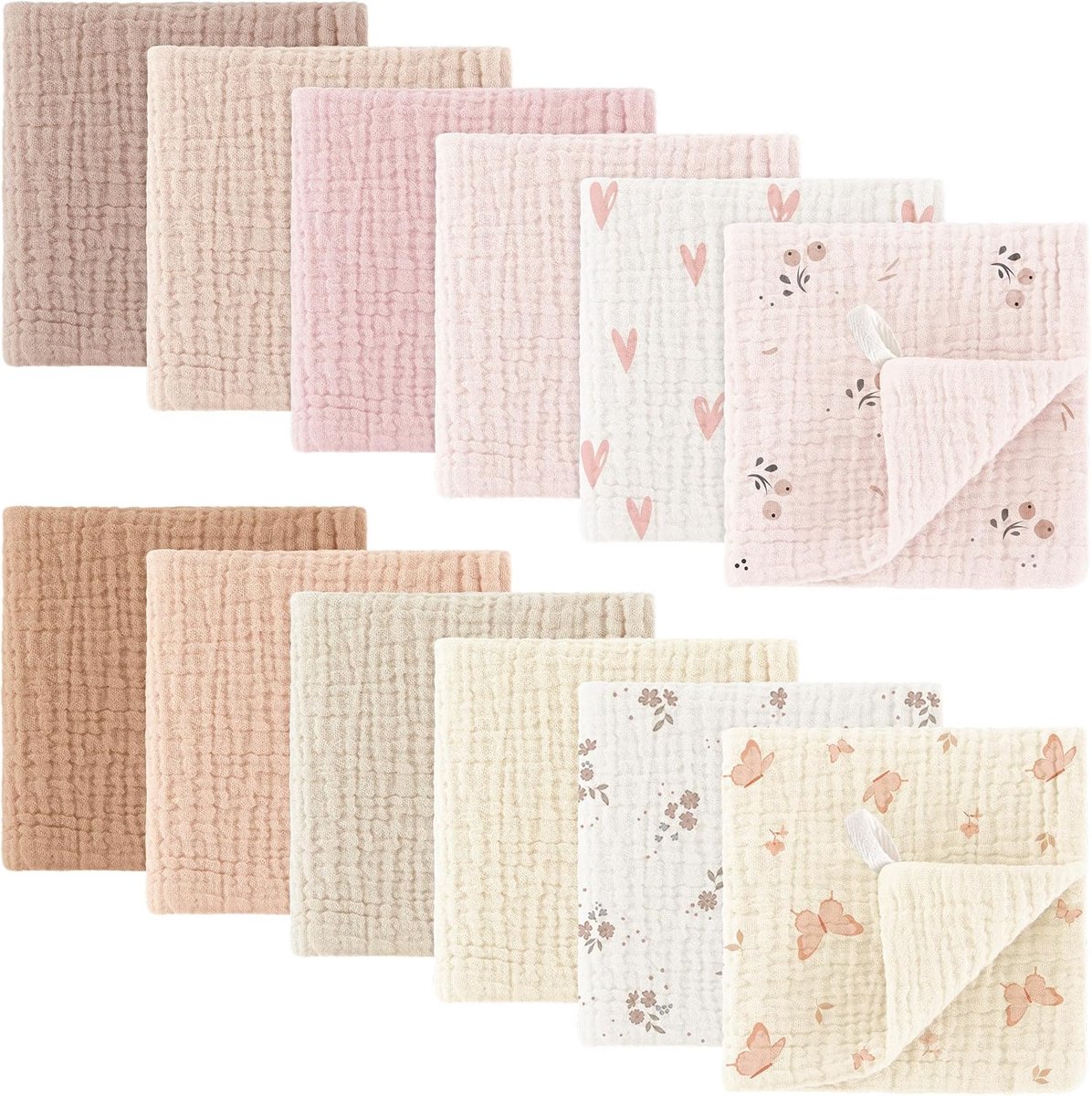 Thijox - 12 Stuks Mousseline Washandjes 100% Katoen voor Baby's - Zacht, Ademend & Extreem Absorberend - 25x25 cm - Roze/Bruin - Ideaal voor Spuugdoek