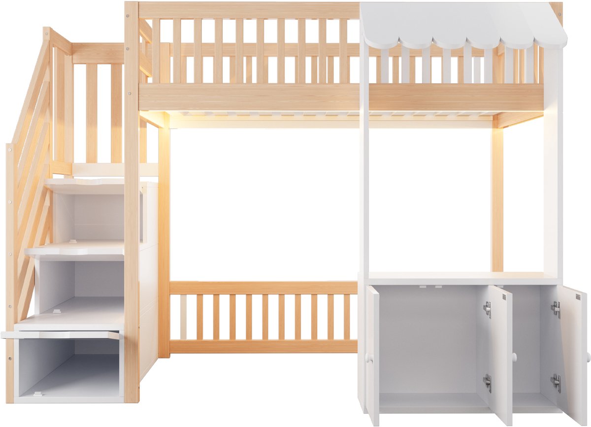 OKWISH Hoogslaper 90x200 cm - Eenpersoonsbed Met Meerkleurige Verlichting En Opbergruimte - Trap Met Opbergvakken - Hout En Wit - Zonder Matras