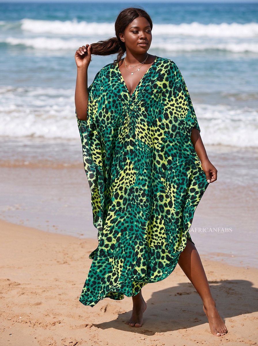 Boho rayon kaftan jurk - Groen Zwart Jungle Leopard - Strand Cover Up Caftan Maxi Jurk