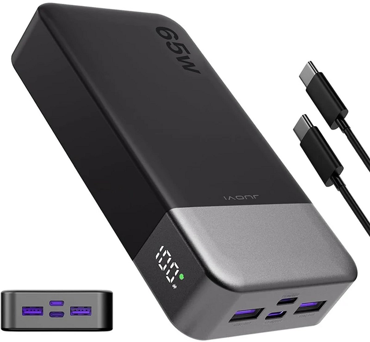 Powerbank 20000 mAh 65W Snellader - USB-C PD - 2 USB-C + 2 USB-A - Geschikt voor Laptop, MacBook, iPhone, Samsung en iPad - Zwart