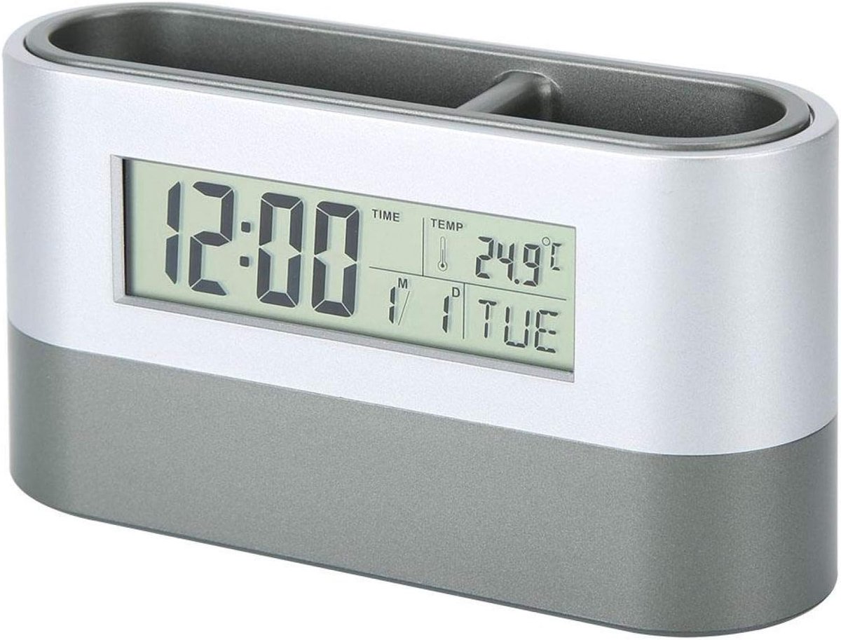 LISM-Elektronische pennenhouder, verlichte kalender, bureau-organizer, digitale display, wekker met lcd-scherm, thermometer (Geschikt voor thuis en op kantoor).