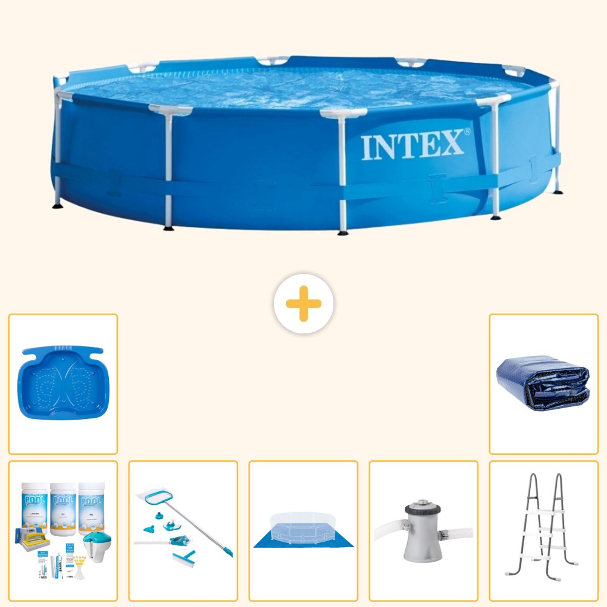 Intex Rond Frame Zwembad - 305 x 76 cm - Blauw - Inclusief Onderhoudspakket - Schoonmaakset - Grondzeil - Zwembadfilterpomp - Voetenbad - Ladder - Solarzeil - 8-delig