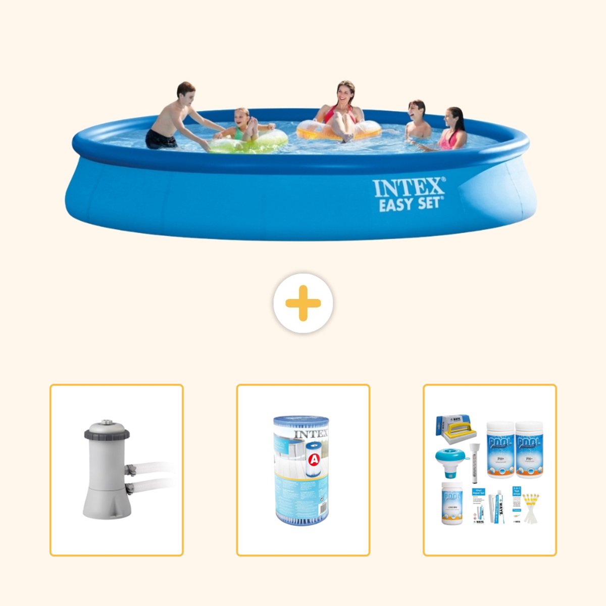 Intex Rond Opblaasbaar Easy Set Zwembad - 457 x 84 cm - Blauw - Inclusief Pomp - Filter - Onderhoudspakket - 4-delig
