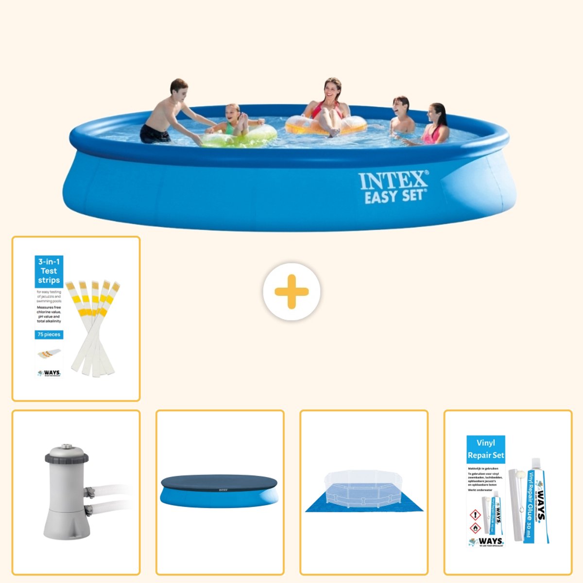 Intex Rond Opblaasbaar Easy Set Zwembad - 457 x 84 cm - Blauw - Inclusief Pomp - Afdekzeil - Grondzeil - Reparatiesetje - Testrips - 6-delig