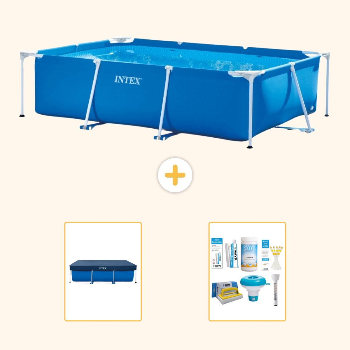 Intex Rechthoekig Frame Zwembad - 300 x 200 x 75 cm - Blauw - Inclusief Afdekzeil - Onderhoudspakket - 3-delig