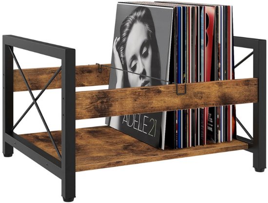 Kaëru Vinyl LP Opbergrek - Verstelbare Metalen Stang - Industriële LP Houder - voor 12 Inch Vinyl, Boeken - Vintage Bruin met Zwart Metaal - LP Opbergsysteem - Boekensteun — afbeelding 2