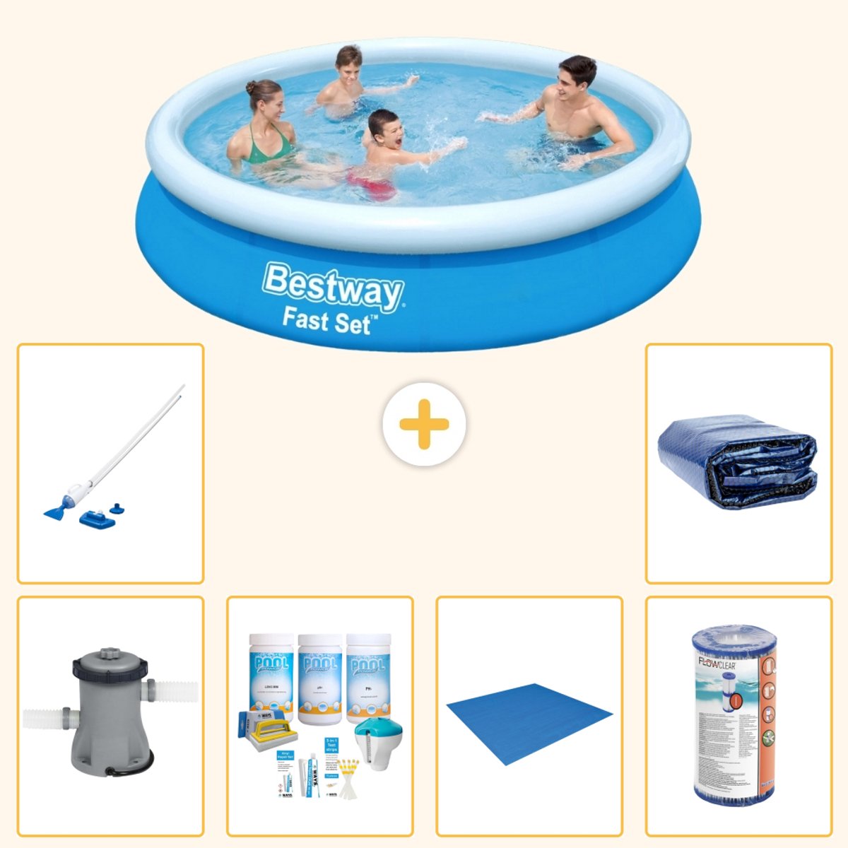 Bestway Rond Opblaasbaar Fast Set Zwembad - 366 x 76 cm - Blauw - Inclusief Pomp - Onderhoudspakket - Grondzeil - Filter - Stofzuiger - Solarzeil - 7-delig