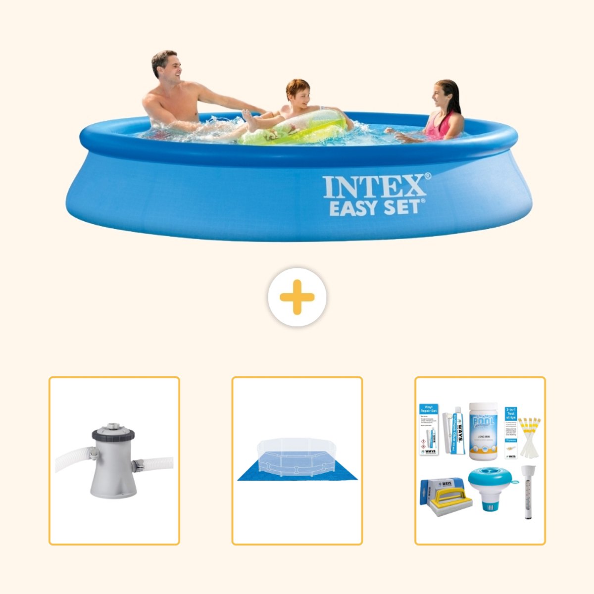 Intex Rond Opblaasbaar Easy Set Zwembad - 305 x 61 cm - Blauw - Inclusief Pomp - Grondzeil - Onderhoudspakket - 4-delig