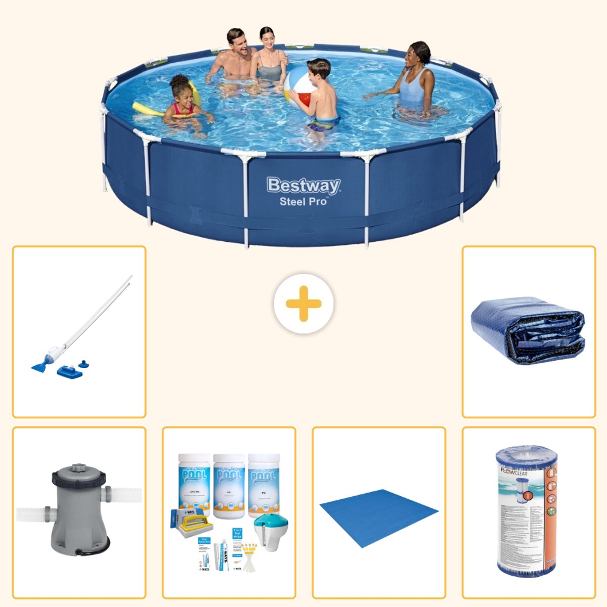 Bestway Rond Steel Pro Zwembad - 396 x 84 cm - Blauw - Inclusief Pomp - Onderhoudspakket - Grondzeil - Filter - Stofzuiger - Solarzeil - 7-delig