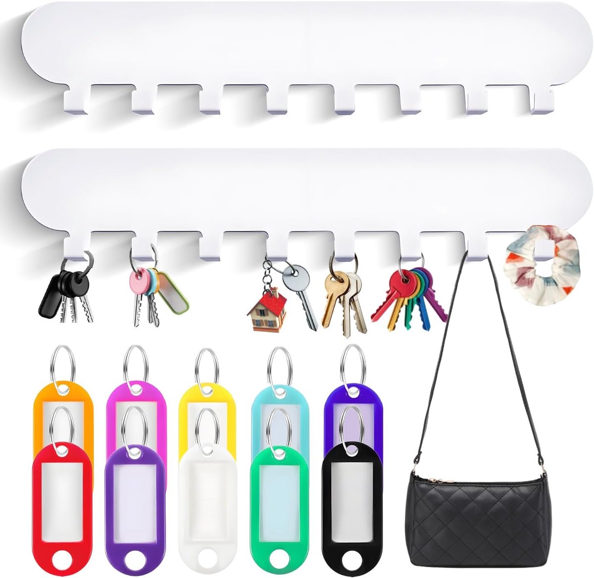 SnelShoppen - 2 Sets Wand Sleutelhangers - 16 Sleutelhaken - Wit - Zelfklevend en Drillingvrij - Inclusief 10 Kleurrijke Labels - Ruimtebesparende Sle