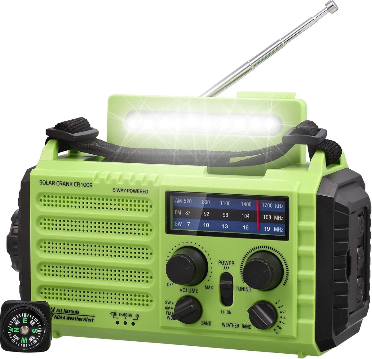 Thijox - Noodradio NOAA/AM/FM/SW met Zonne-energie, Handslinger, 5000mAh Powerbank, Type C USB-oplaadpoort, Leeslamp, SOS-Alarm, Kompas, Karabijnhaak