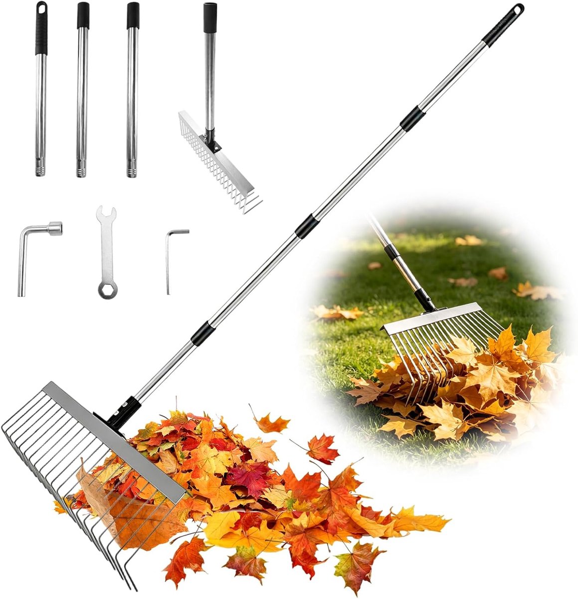 SnelShoppen - Verstelbare Hark voor de Tuin 53-160 cm, Bladhark met 21 Tanden, 40 cm Metalen Rekenkop, Roestvrijstalen Tuinhark met Ergonomische Handg