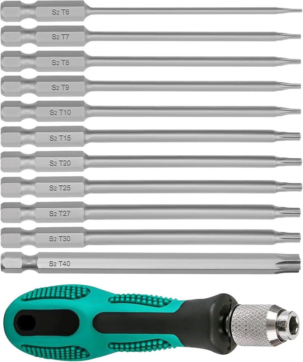 Thijox - 12 Stuks Torx Bitset met Handvat, 100 mm Torx Schroevendraaierset T6-T40, Magnetische S2 Stalen Schroevendraaiers, Lang en Slijtvast voor Pro