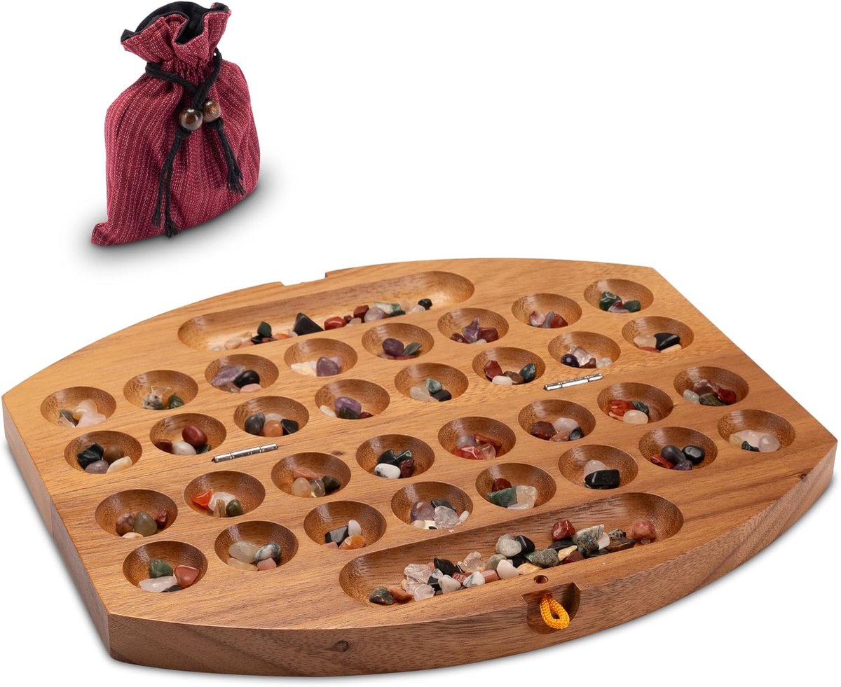 Thijox - LOGOPLAY Bao Hus Kalaha - Klein Reisspel voor Onderweg - 30cm Lang - Stenen Spel van Samena Hout - Ovaal Vorm - Perfect voor Camping en Gezel