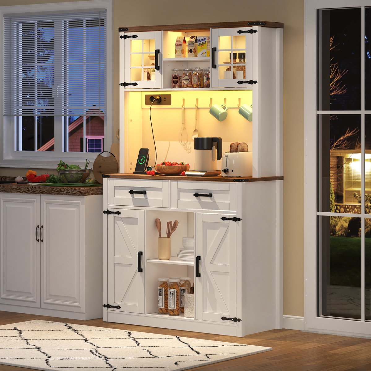 COVREO Keukenkast 100 x 40 x 172 cm - LED-verlichting, 2 lades, verstelbare planken, wit/bruin