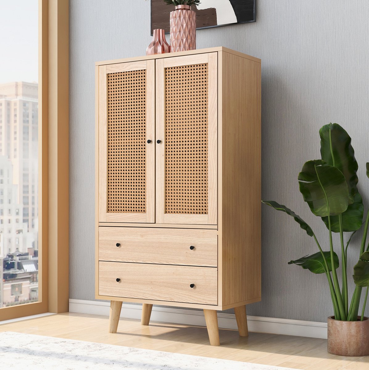 COVREO Dressoir 60 x 120 x 40 cm - 2 deuren, 2 lades, PE-rattan panelen, eikenkleur