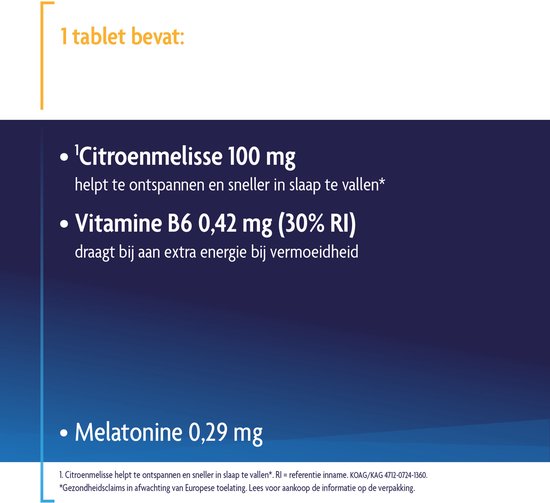 1 tablet bevat: Citroenmelisse 100 mg, Vitamine B6 0,42 mg, Melatonine 0,29 mg.