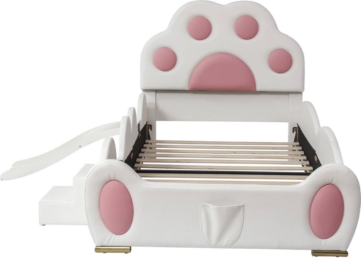 COVREO Kinderbed met kattenpoot hoofdbord en glijbaan – 210x176x97 cm – Eenpersoonsbed met ladder en opbergtasje – voor kinderkamer – Wit roze - zonder matras