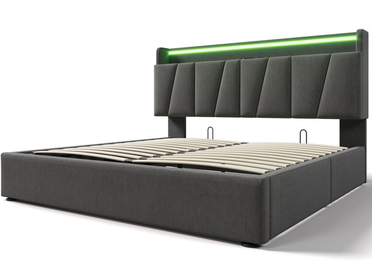 COVREO Bedframe met LED en USB-oplaadfunctie – 205x157,5x110 cm – Tweepersoons bed met hoofdbord – 140x190 cm – Grijs - zonder matras