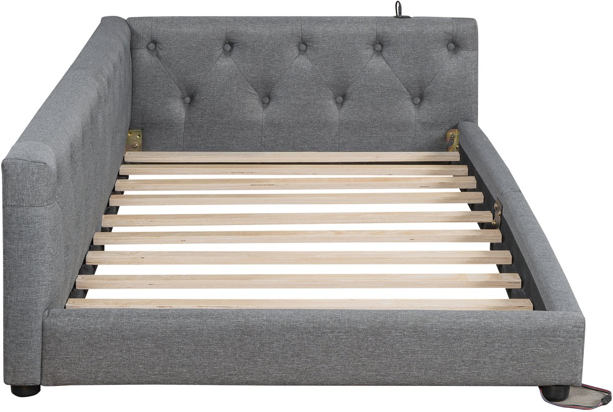 COVREO Slaapbank met USB en Type-C – 90x200 cm – Daybed met 7-kleuren LED-verlichting – Eenpersoonsbed voor logeerkamer – Grijs - zonder matras