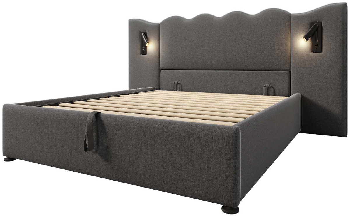 COVREO Gestoffeerd tweepersoonsbed van 160x200 mm met leeslampje en USB Type-C-oplaadfunctie, bedframe met opbergruimte, lattenbodem, constructie van massief hout en metaal, grijs, linnen (matras inbegrepen). Gris