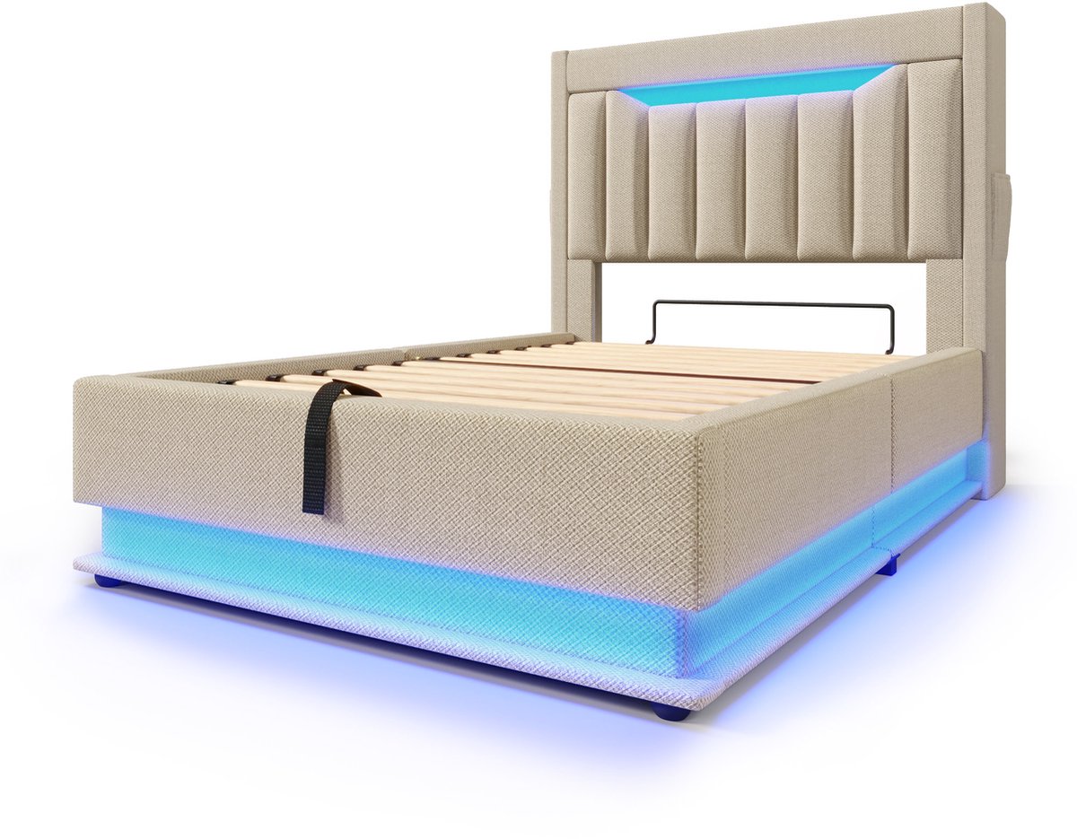 COVREO Bed 90x200 cm 92x218x112 cm beige stof met LED, met matras