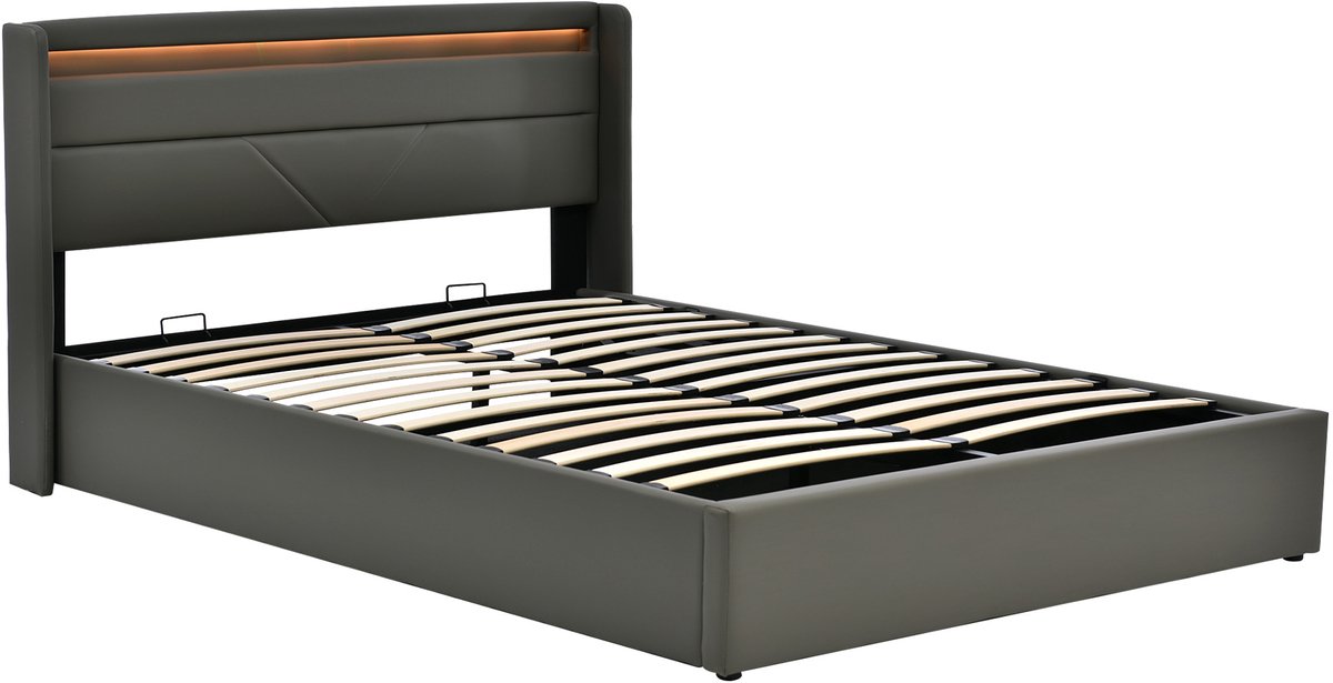 COVREO Opklapbed met LED-verlichting – 160x200 cm – Tweepersoons bed met opbergruimte – voor volwassenen – Grijs - zonder matras