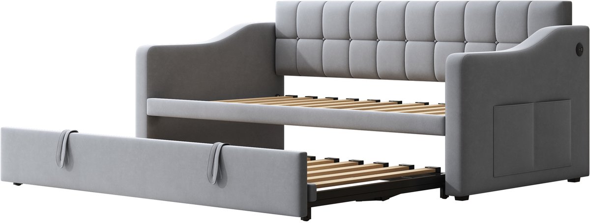 COVREO Slaapbank met uitrolfunctie – 207x99x80 cm – Uitschuifbed met USB-poorten – voor logeerkamer – Lichtgrijs - zonder matras