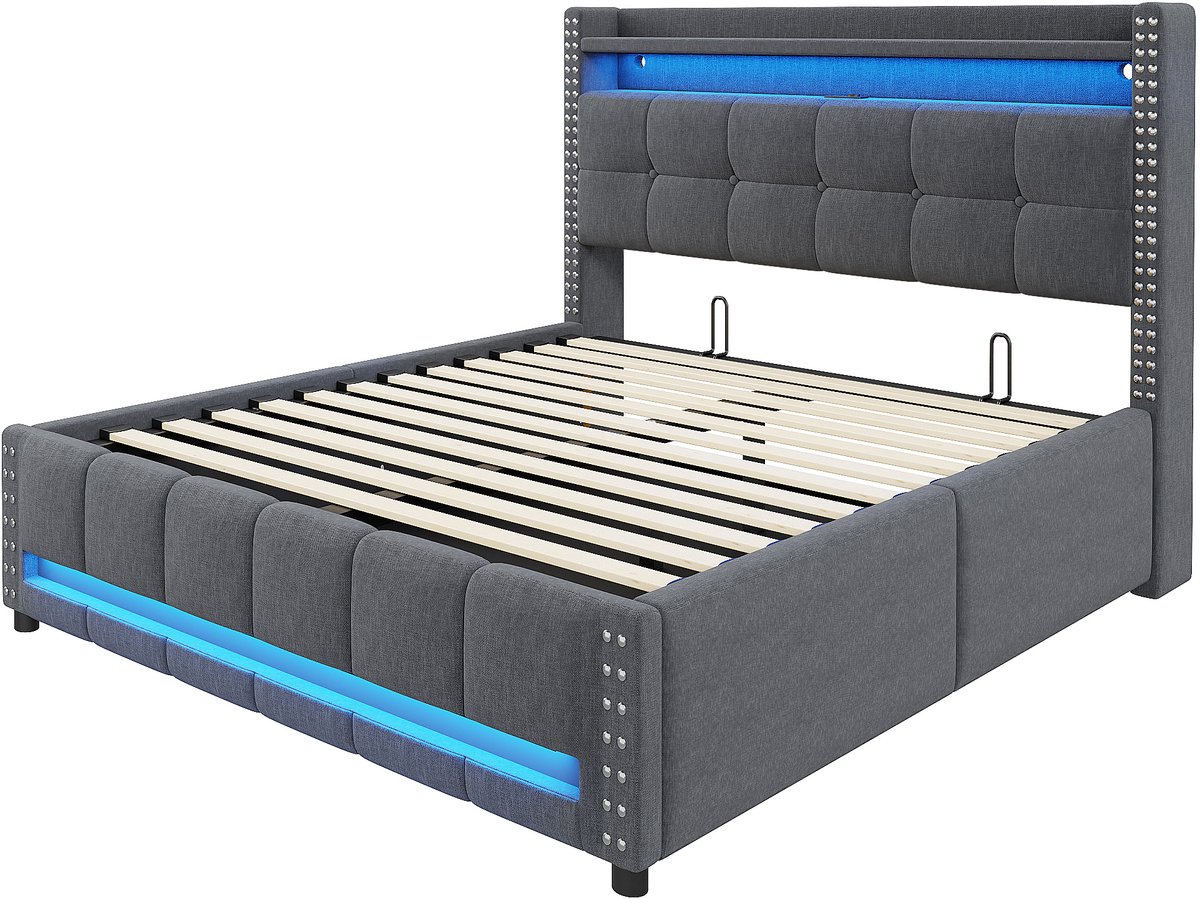 Gestoffeerd bed van 140 x 200 cm, met ledverlichting en USB-poort, hoofdeinde met plank en opbergruimte, hydraulisch hefmechanisme, tweepersoonsbed voor volwassenen, grijze linnen stof.