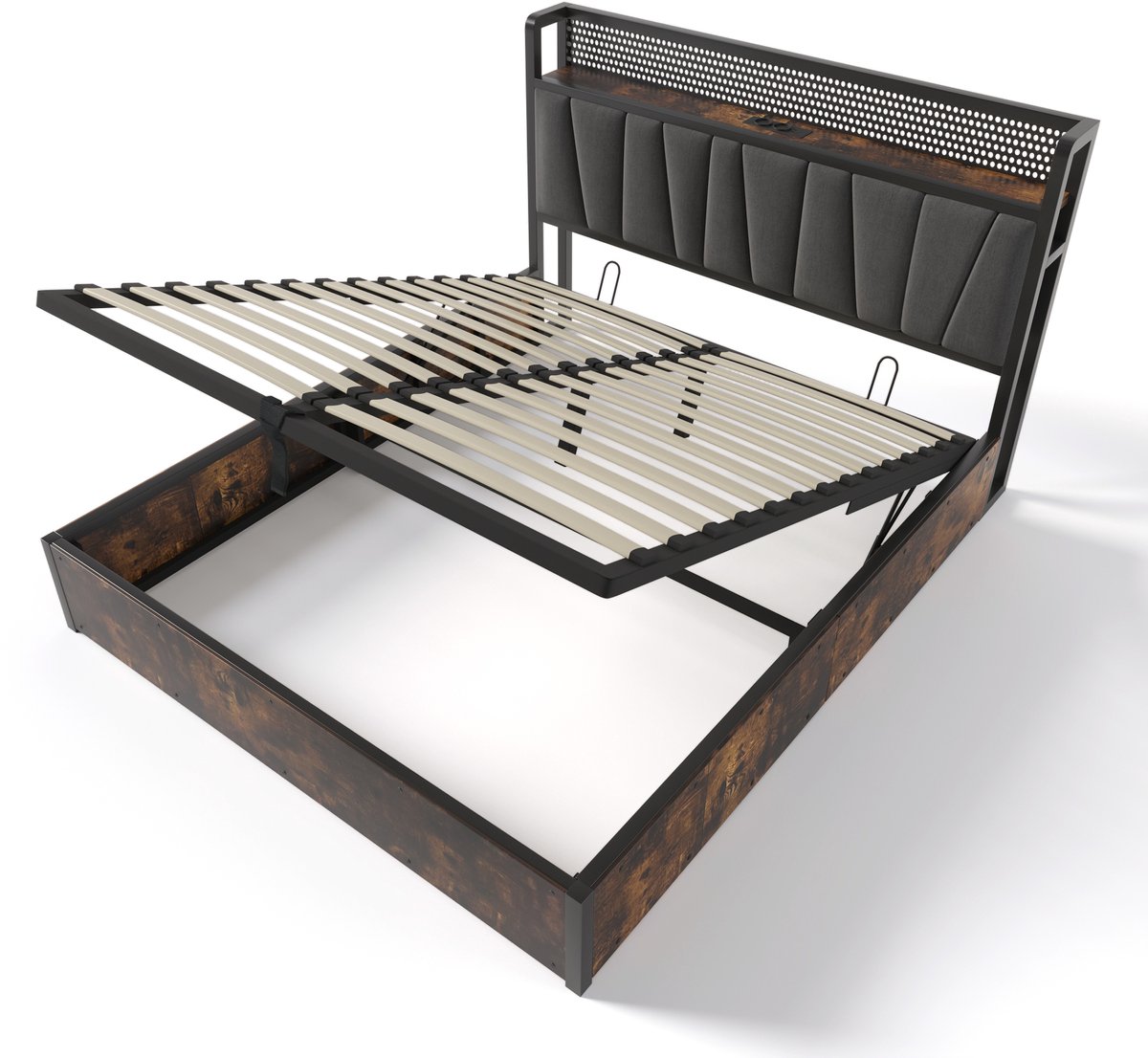 Gestoffeerd metalen bed met LED-app-bediening, tweepersoonsbed, USB-oplaadfunctie, hoofdbord en LED-verlichting, 180x200 cm bedframe van hout en metaal, grijs (matras niet inbegrepen).