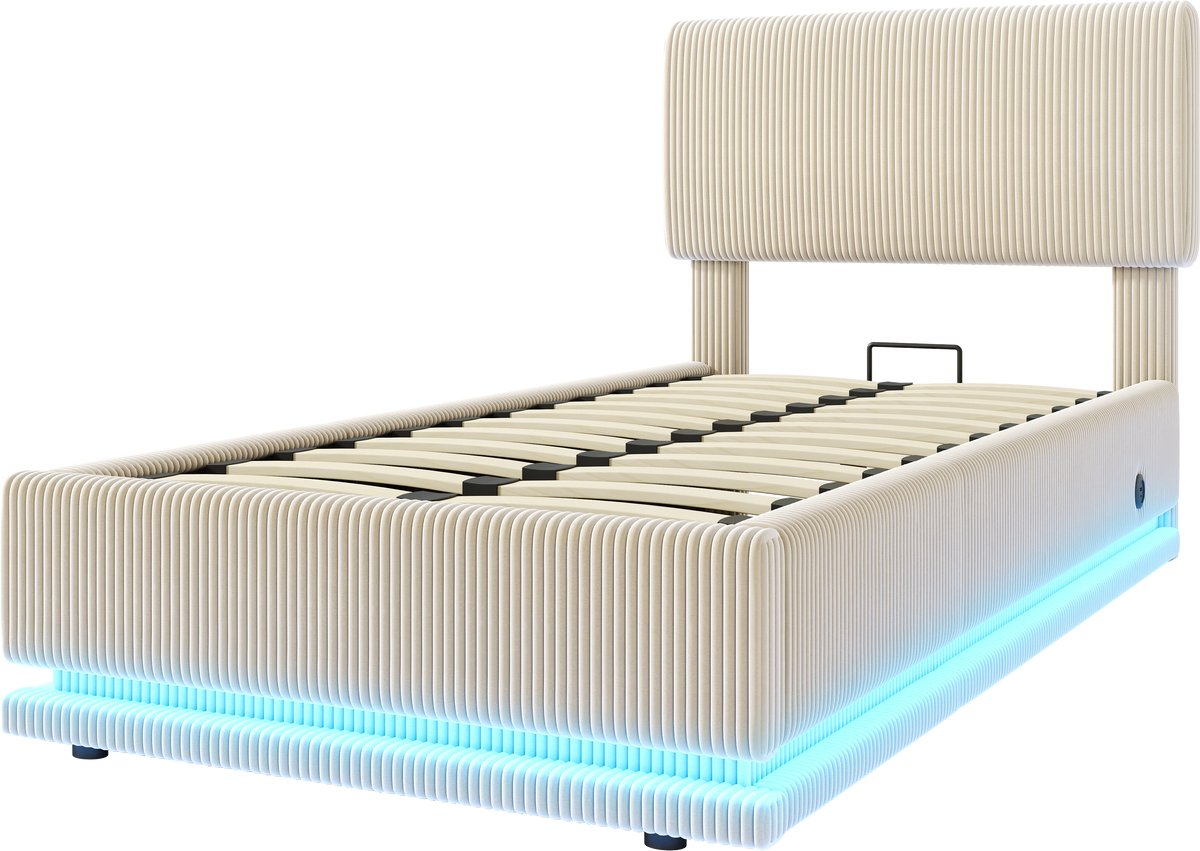 COVREO Bed 90x200 cm - beige cordstof, LED-verlichting, USB-C en opbergruimte