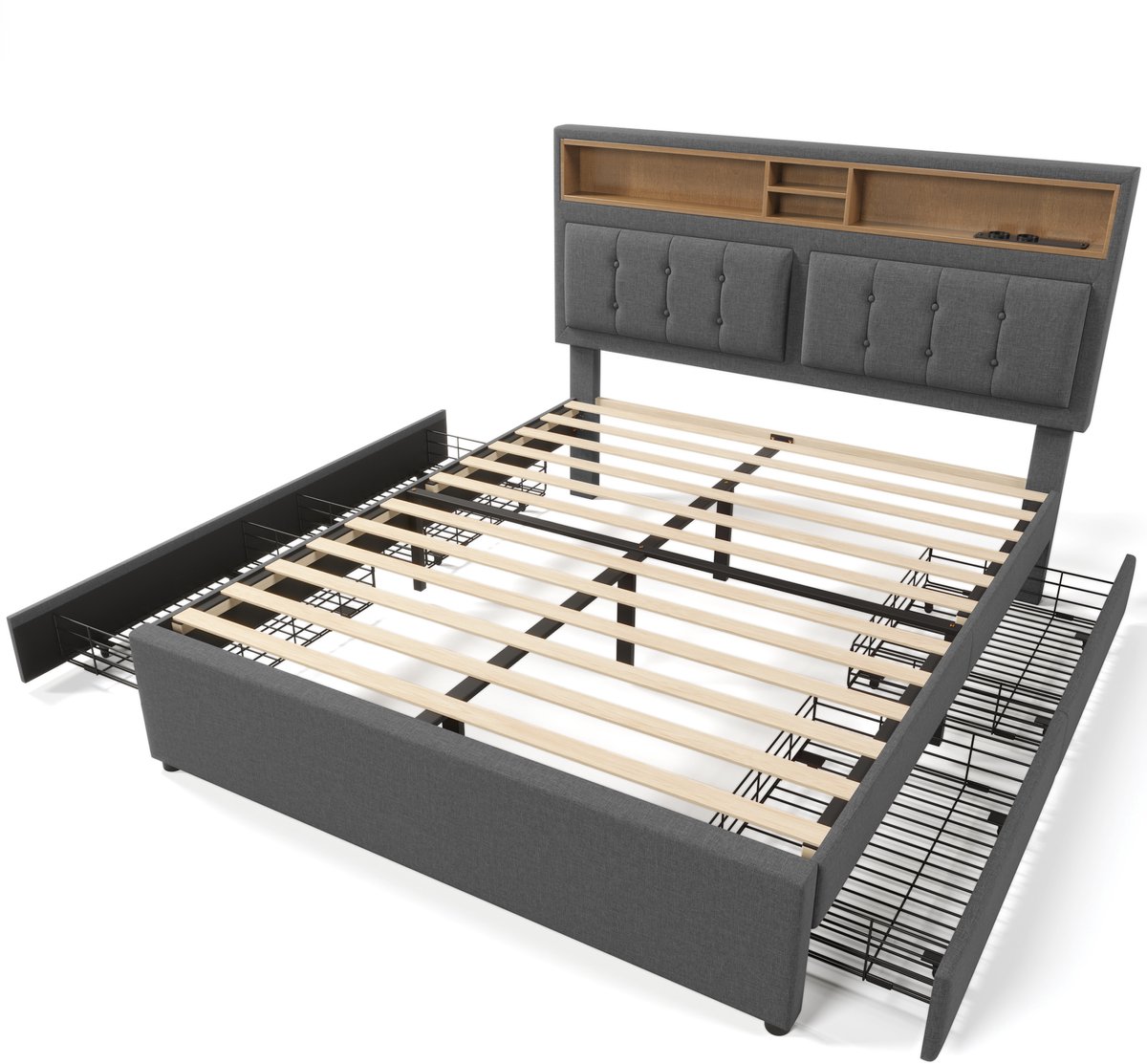 COVREO Bedframe 140x200 cm grijs, 4 lades, opbergruimte, zonder matras