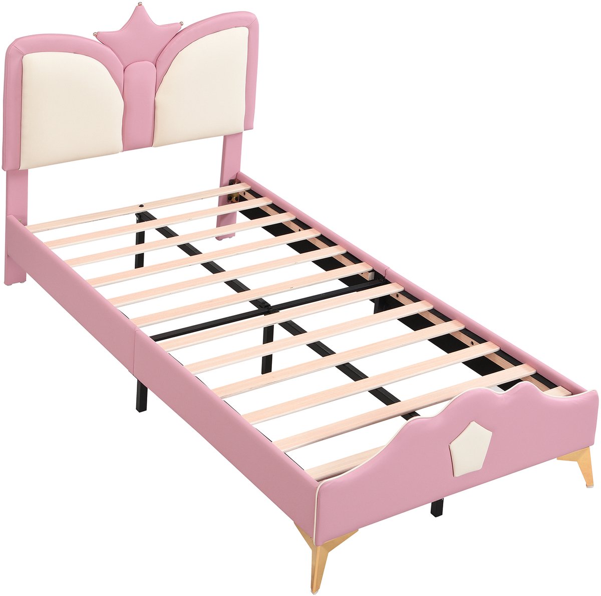 COVREO Kinderbed 208x95,5x104 cm – roze wit kunstleer met kroonvormig hoofdbord