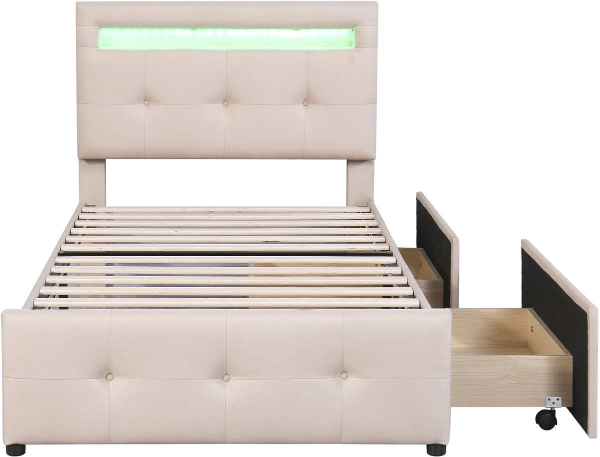 COVREO Bed 90x200 cm beige gestoffeerd met 2 lades en LED zonder matras