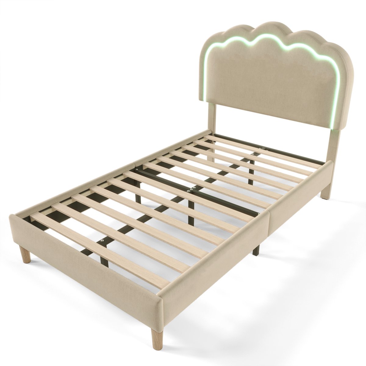 COVREO Bed 90x200 cm – beige stof, verstelbaar hoofdbord, LED-hoofdbord en lattenbodem