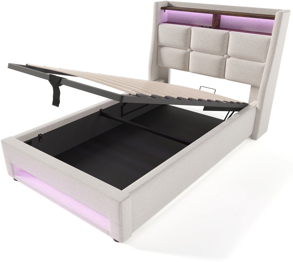 COVREO Bed 90x200 cm beige, LED, USB, opbergruimte, zonder matras