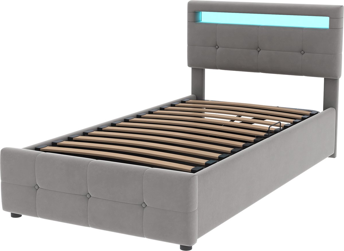 COVREO Bed 90x200 cm grijs, LED, opbergruimte, hoofdbord, zonder matras