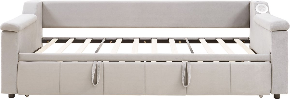 COVREO Bed 90x190 cm beige stof met USB en bluetooth, zonder matras