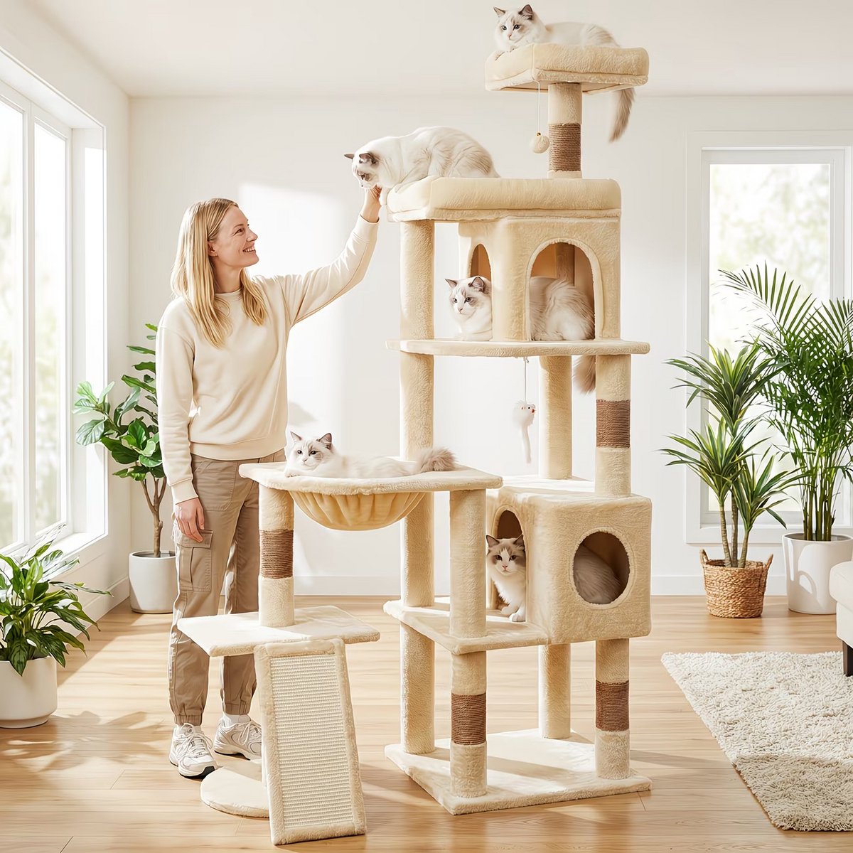 NordPaw® XXL Kattenboom 173 cm – Krabpaal met 2 Kattenhuizen, Hangmat, Krabhelling & Groot Ligplatform – Geschikt voor 5 Katten – Beige – foto 5