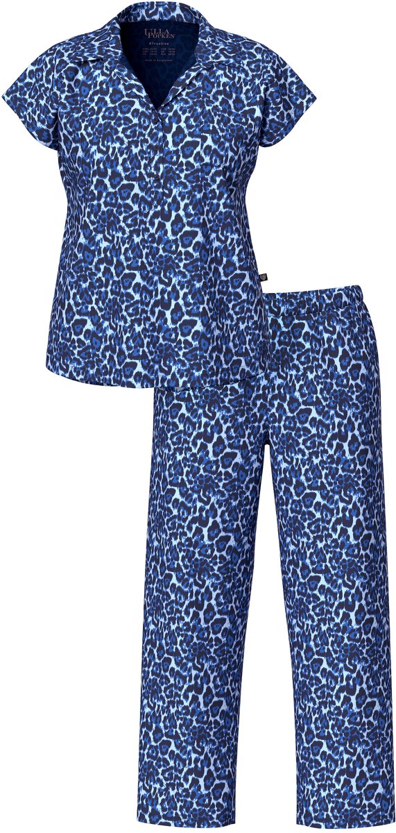 Ulla Popken Dames - Pyjama luipaardpatroon overhemdkraag korte mouwen - Nachtblauw - Maat 46+