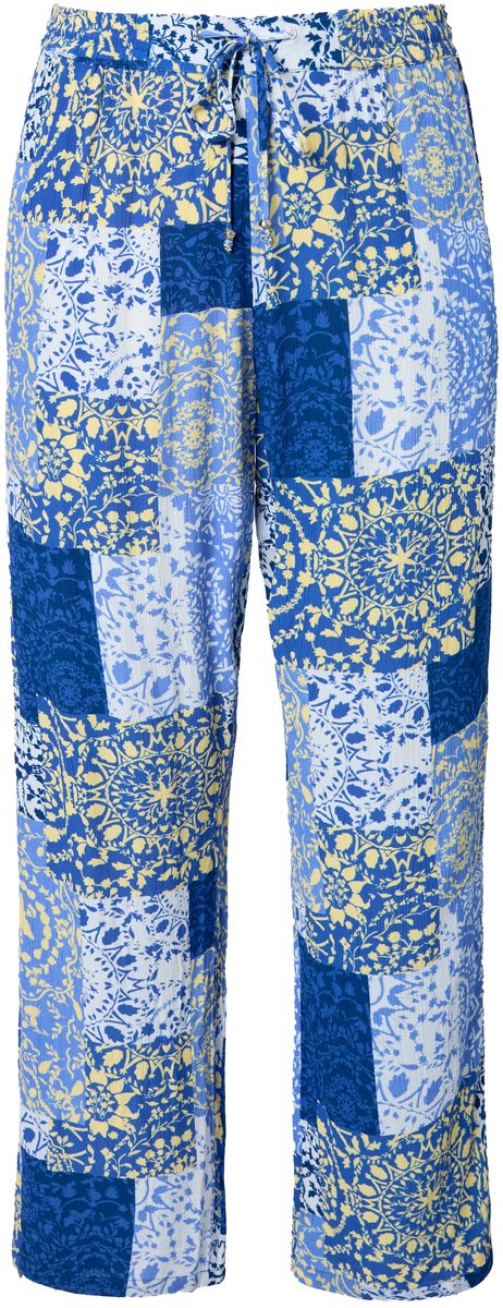 Ulla Popken - Dames - Broek Rose patchpatroon wijde pijpen elastische tailleband - Blauw - Maat 58+