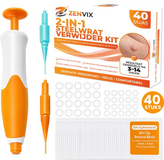 Zenvix 2-in-1 kit voor steelwratjes (2-8mm) met oranje applicator, blauw en oranje opzetstuk, 40 elastiekjes.