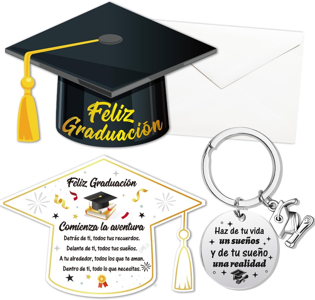 Dailygoods- Wenskaart Afstuderen - Wenskaarten Set - Sleutelhanger - Cadeau voor Hem/haar - Afstudeergeschenk - Papier/Roestvrij Staal - Afstudeerkaart