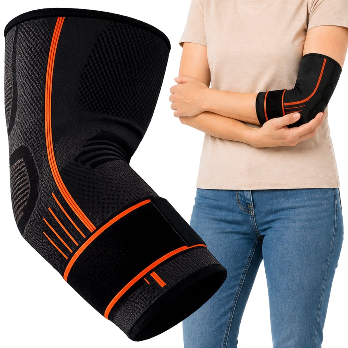 Elleboogbrace Sport - Verstelbare Elleboog Ondersteuning - Compressieband met Klittenband - Grijs/Oranje